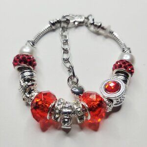 NWT Pandora Style Charrm Bracelet Red Hot Silver w/ Rhinestones White Beads XS S